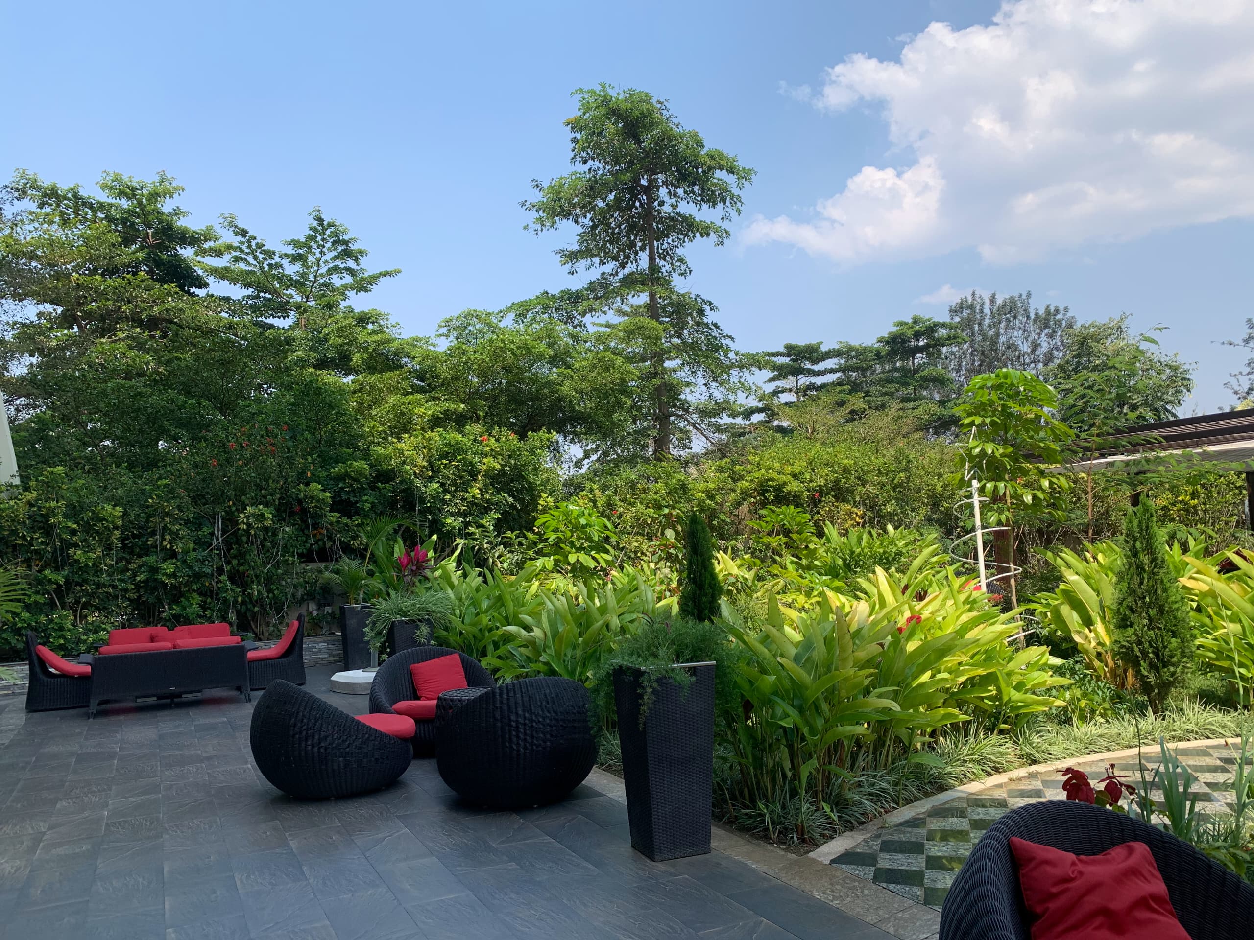 Luxurious hotel terrace with modern furniture and tropical landscaping