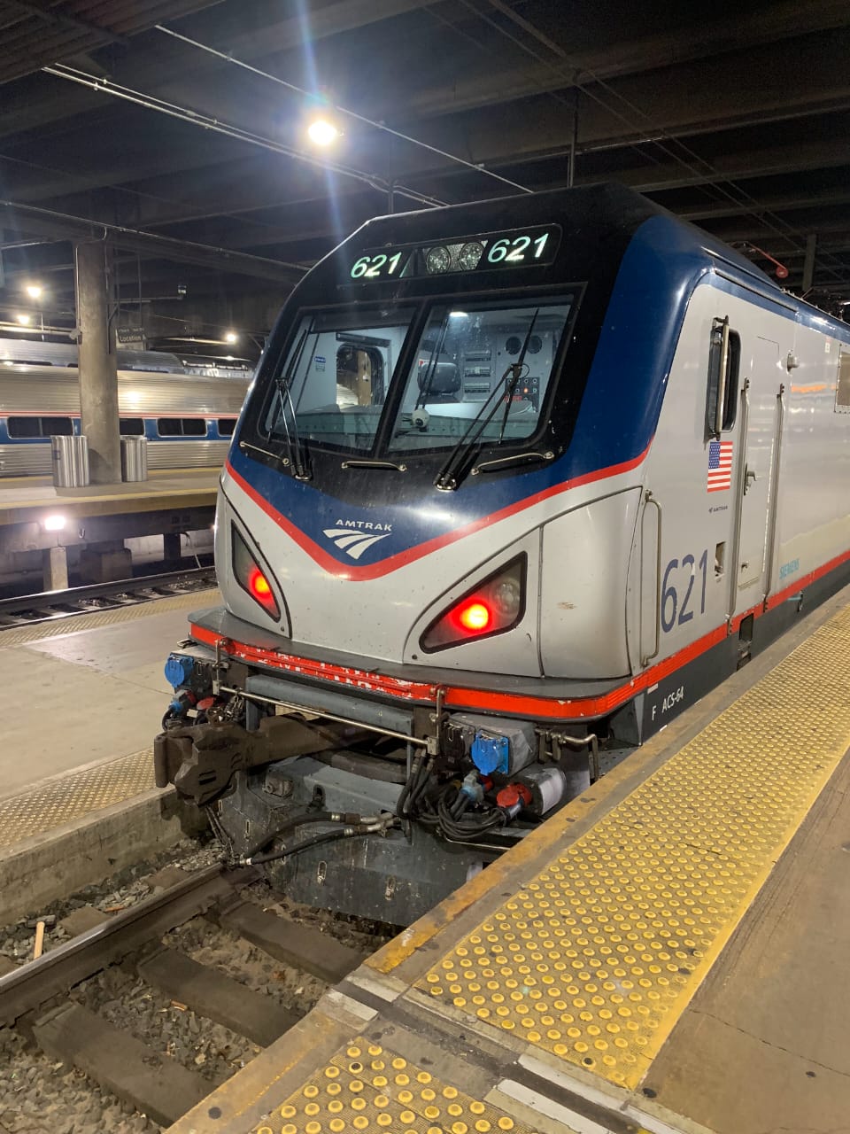 Amtrak train at underground station platform