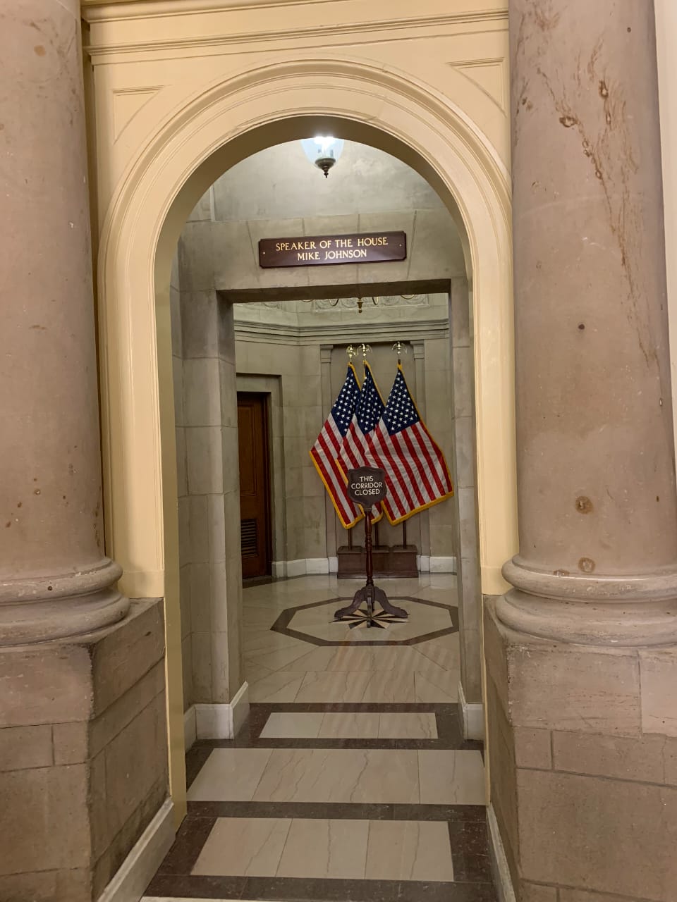 Speaker of the House Mike Johnson office entrance with American flags